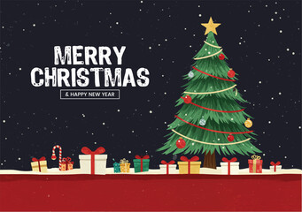 Merry Christmas and Happy New Year a decorated pine tree and colorful gift boxes on snowy ground