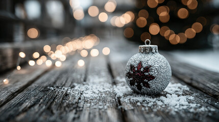 Christmas ornament with snow on wooden surface and blurred holiday lights background.