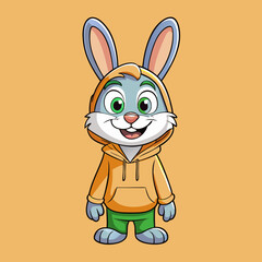 Fototapeta premium Cartoon bunny wearing orange hoodie and green pants smiling rabbit