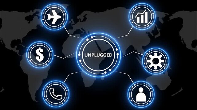 Global Unplugged Network with Icons and World Map Background in Neon Blue technology