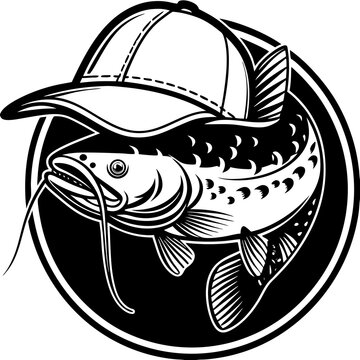 Catfish wearing a backwards baseball cap backwards cap black and white