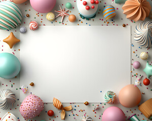 Joyful candy celebration frame for birthday party. festive background with sweet dessert and colorful confetti
