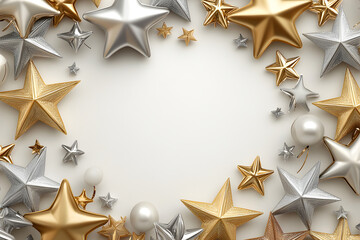 Luxurious gold and silver shiny stars form festive frame on white background. joyful celebration concept with copy space