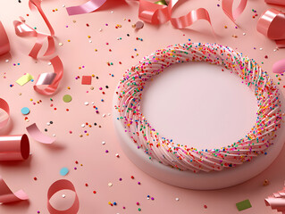 Festive pink background for celebration with sprinkle ring, party ribbon, and colorful confetti creating joyful mood