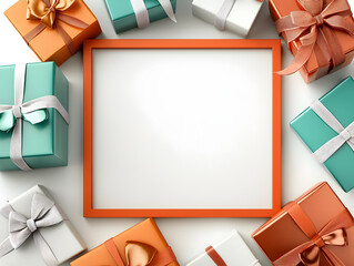 Joyful orange frame with gift box for holiday celebration. festive background with colorful present and copy space