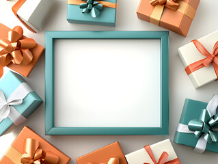 Joyful empty frame mockup for holiday or party celebration. colorful gift box, present and bow on white background