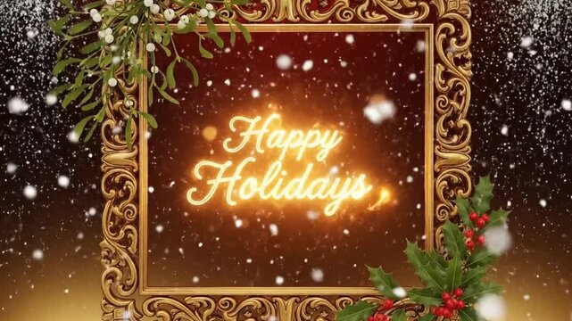 Elegant Happy Holidays Greetings with Golden Frame, Snowfall and Christmas Decorations, Festive