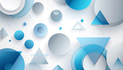 Abstract background with blue and grey geometric shapes including circles and triangles on a white surface, creating a modern and clean design.