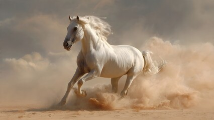 A beautiful wild stallion with a flowing mane runs through the green grass of a farm pasture, capturing the grace of a powerful equine animal in a natural field