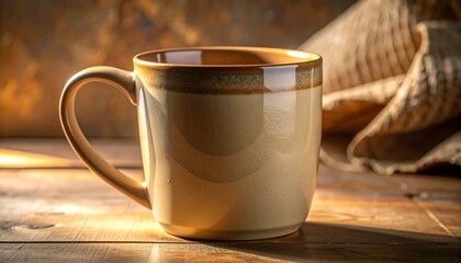 A beige ceramic mug with a brown rim sits on a wooden table bathed in warm natural light with a burlap cloth in the background