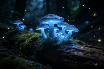 fungi. Glowing bioluminescent mushrooms growing on a mossy log at night. fantasy games, nature documentaries, designed for mystical forest concepts and biology aesthetics.