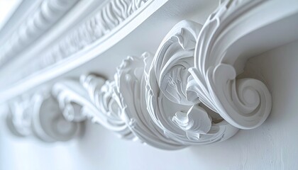 A closeup lowangle shot of ornate white plaster crown molding with intricate swirling acanthus leaf designs on a wall