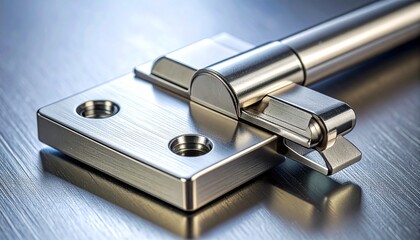 A closeup of a brushed metal hinge with two screw holes resting on a reflective metallic surface under soft lighting