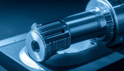 A closeup of a bluetoned precisionmachined metal spline shaft with gear teeth resting on a flat metal surface