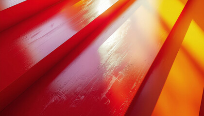 Abstract close-up of vibrant red and orange geometric shapes with light reflections and textured surfaces.