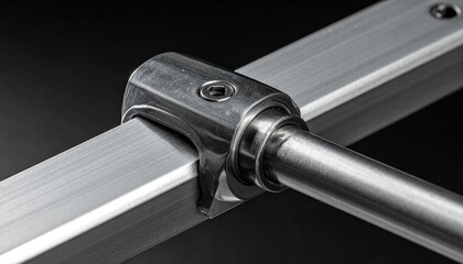 A closeup of a polished metal clamp with a hex screw securing a round rod to a brushed aluminum square bar against a dark background