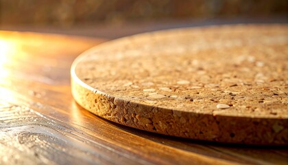 A closeup selective focus view of a circular cork trivet on a dark wooden surface bathed in warm golden light