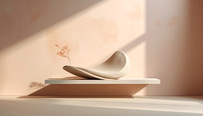 A curved beige sculpture and a dried plant sprig on a white shelf against a peach wall crossed by strong diagonal shadows