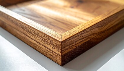 A detailed closeup of the mitered corner of a wooden tray highlighting the rich grain against a white surface