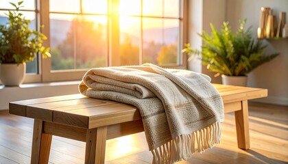 A folded cream blanket with fringe rests on a wooden bench bathed in warm sunlight from a large window showing a scenic view