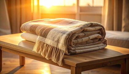 A folded fringed plaid blanket rests on a wooden bench illuminated by warm golden sunlight from a window