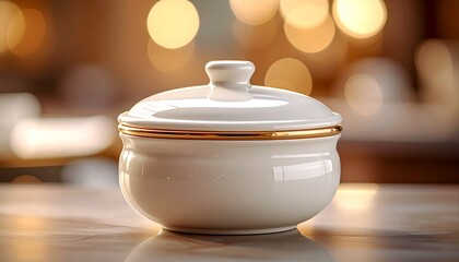 A glossy white ceramic lidded bowl with a gold trim sits on a reflective surface against a background of warm bokeh lights