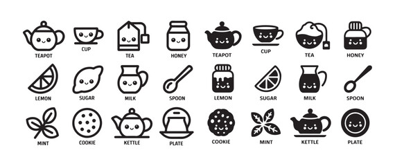 Cute kawaii tea time set with teapot cup tea honey lemon sugar milk spoon mint cookie kettle plate © MDABDUR