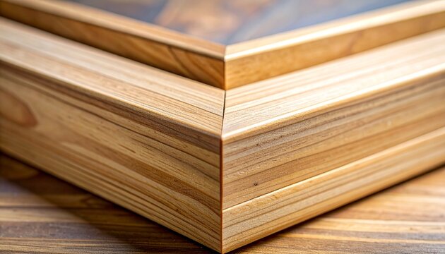 A closeup sharpfocus shot of a mitered corner on a lightcolored wooden frame highlighting the detailed grain