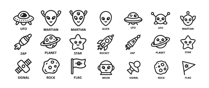 Space ufo, martian, alien, zap, planet, star, rocket, signal, rock, flag, meon outline icons