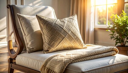 A wooden armchair with light beige upholstery sits in a sunlit room adorned with a quilted pillow and a matching fringed blanket