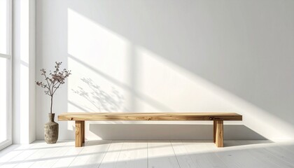 A wooden bench sits on a white floor against a plain wall Bright sunlight casts diagonal shadows A vase holds a dry branch