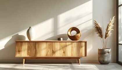 A wooden sideboard with a vase and sculpture sits against a textured white wall lit by sunlight A pot with pampas grass is on the floor