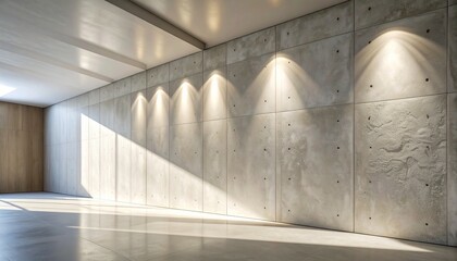 An empty modern room with a wall of precast concrete panels lit by spotlights Sunlight streams in casting shadows on the polished floor