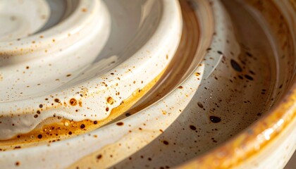 Closeup of a glazed speckled ceramic spiral Creamy white and brown glaze creates concentric rings with warm highlights