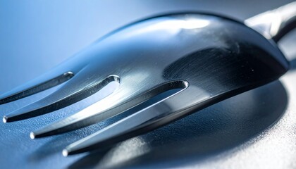Closeup of a shiny metal forks tines on a dark textured surface illuminated by cool blue light highlighting its curves