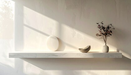 On a white marble shelf against a textured wall a vase of branches a small bowl and a disc are lit by warm sunlight