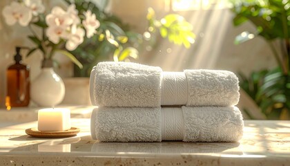 Stacked white towels and a lit candle on a sunlit marble surface with blurred plants and orchids in the background