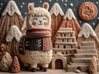 Adorable plush llama toy with a cozy scarf surrounded by gingerbread cookies and miniature clay mountains in festive holiday scene