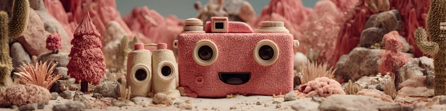 Whical pink camera character with a smiling face surrounded by colorful coral and whical underwater scenery for kids or fun themes