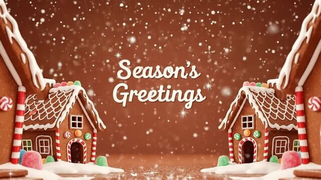 Festive gingerbread house village with falling snow, perfect for holiday greetings cards and