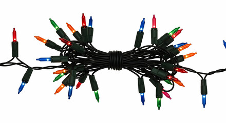 Bundle of multicolored Christmas lights with black wire on white background string holiday