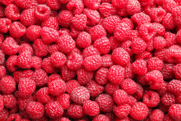 Fresh ripe raspberries as background, top view