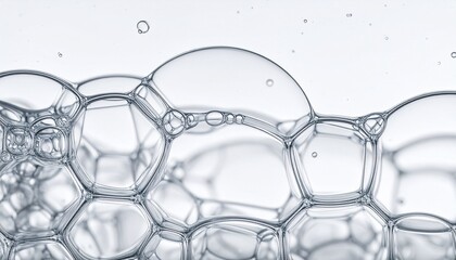 A macro photograph of clear interconnected soap bubbles forming a foam structure against a bright white background