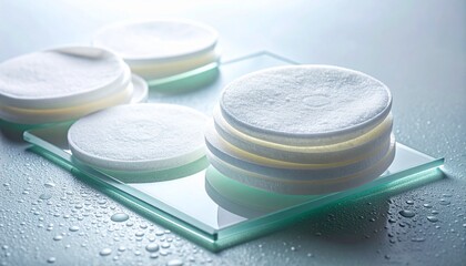 Closeup of white cosmetic pads stacked on square glass plates surrounded by water droplets on a light reflective surface
