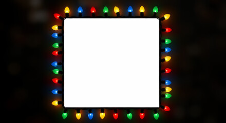 Square frame of colorful glowing Christmas lights on black background festive