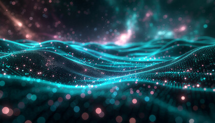 Abstract digital landscape with glowing teal waves and sparkling pink particles creating a futuristic data visualization.