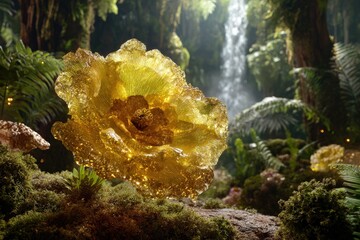 Golden Flower In Lush Forest Waterfall Background