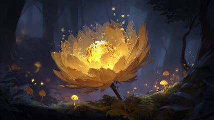 Glowing Golden Flower In Dark Forest