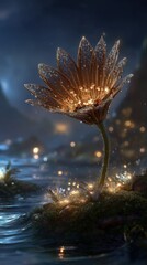 Glowing Crystal Flower By Water At Night