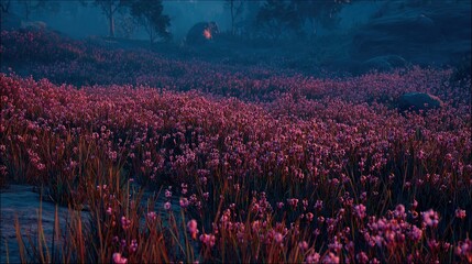 Glowing Pink Flowers Field At Dusk